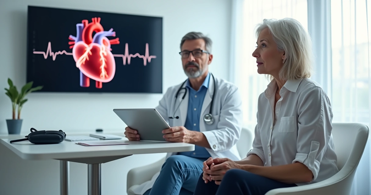Mulher de meia-idade em consulta com cardiologista avaliando a saúde do coração 