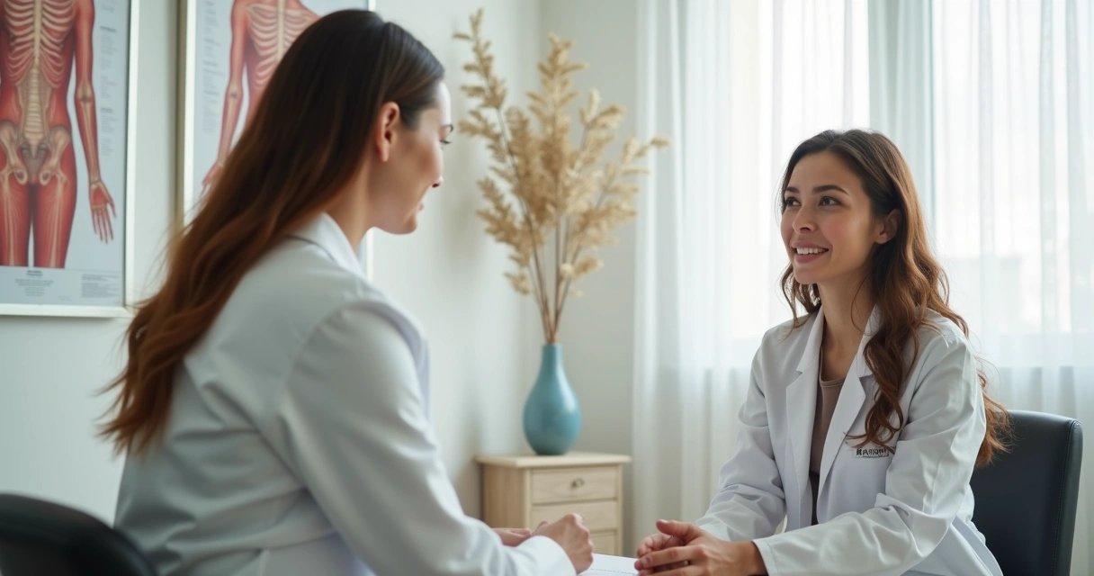 Mulher em consulta com cirurgiã plástica, sentada em consultório moderno 
