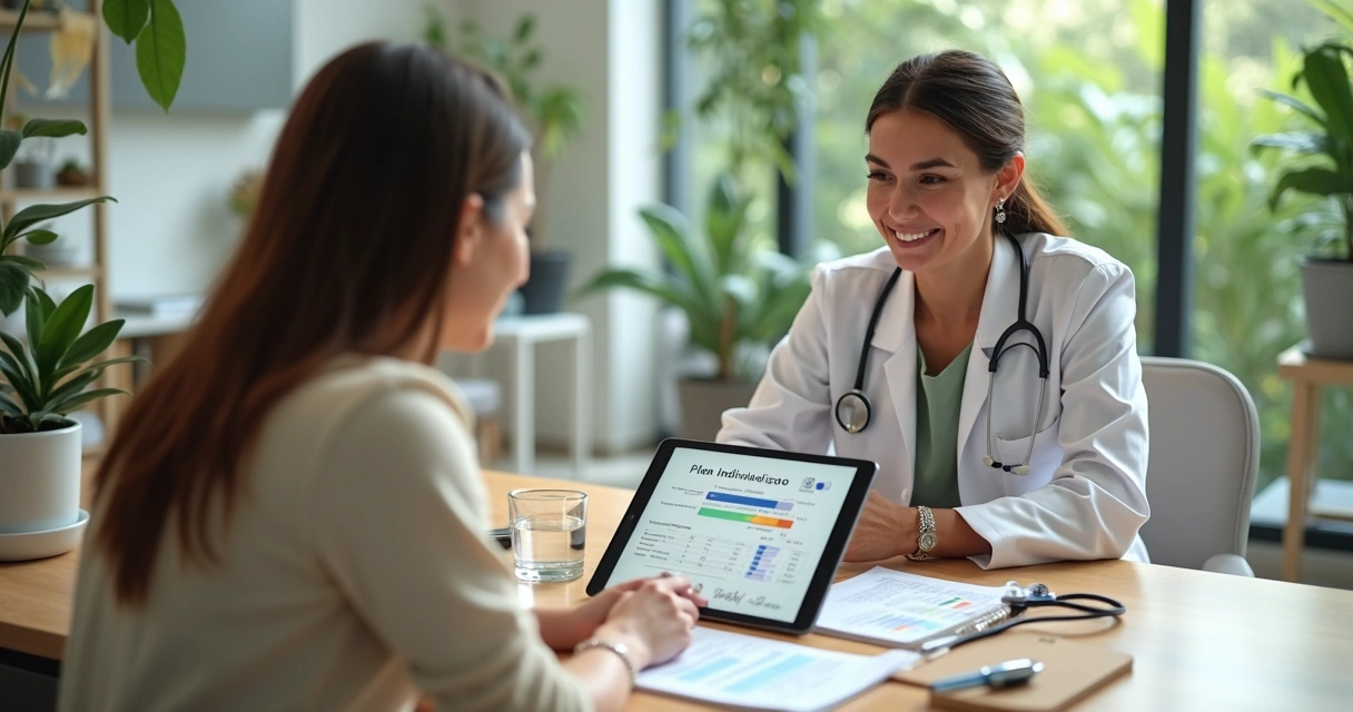 Mulher adulta em consulta de emagrecimento com endocrinologista feminina analisando gráficos de progresso 
