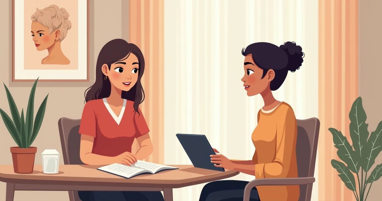 Cliente em consulta com profissional de estética analisando opções de tratamento 