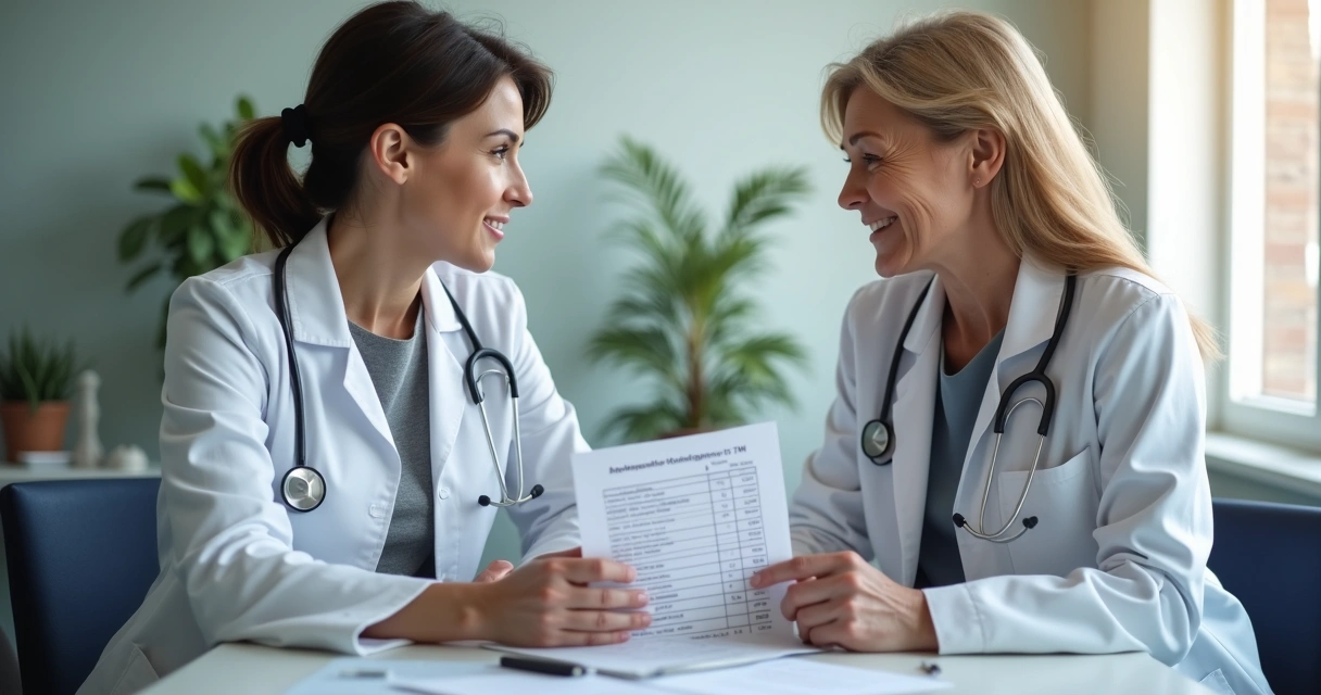 Mulher em consulta médica revisando exames hormonais com endocrinologista