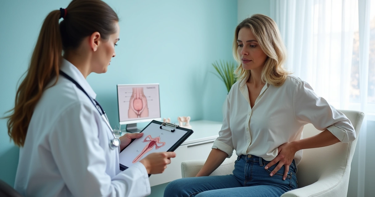 Mulher em consulta ginecológica discutindo sensação de peso vaginal com médica em consultório moderno 