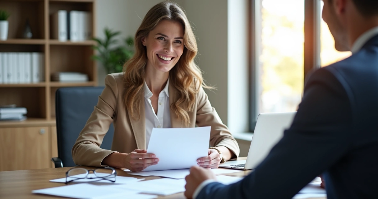 Mulher em consulta jurídica segurando documentos