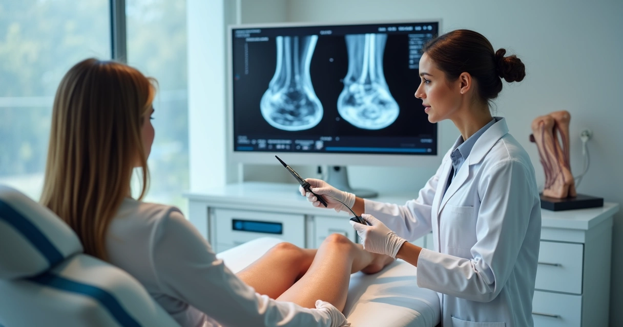 Médico vascular mostrando tratamento a laser para varizes na perna de paciente 