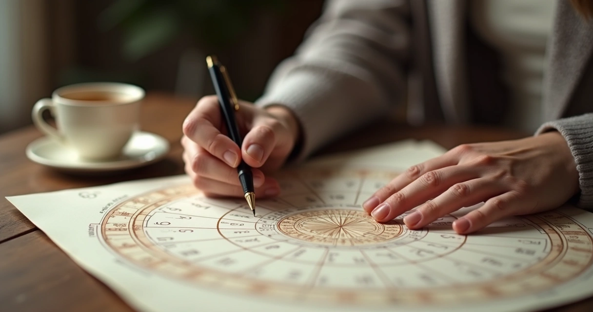 Pessoa observando mapa astral com caderno ao lado