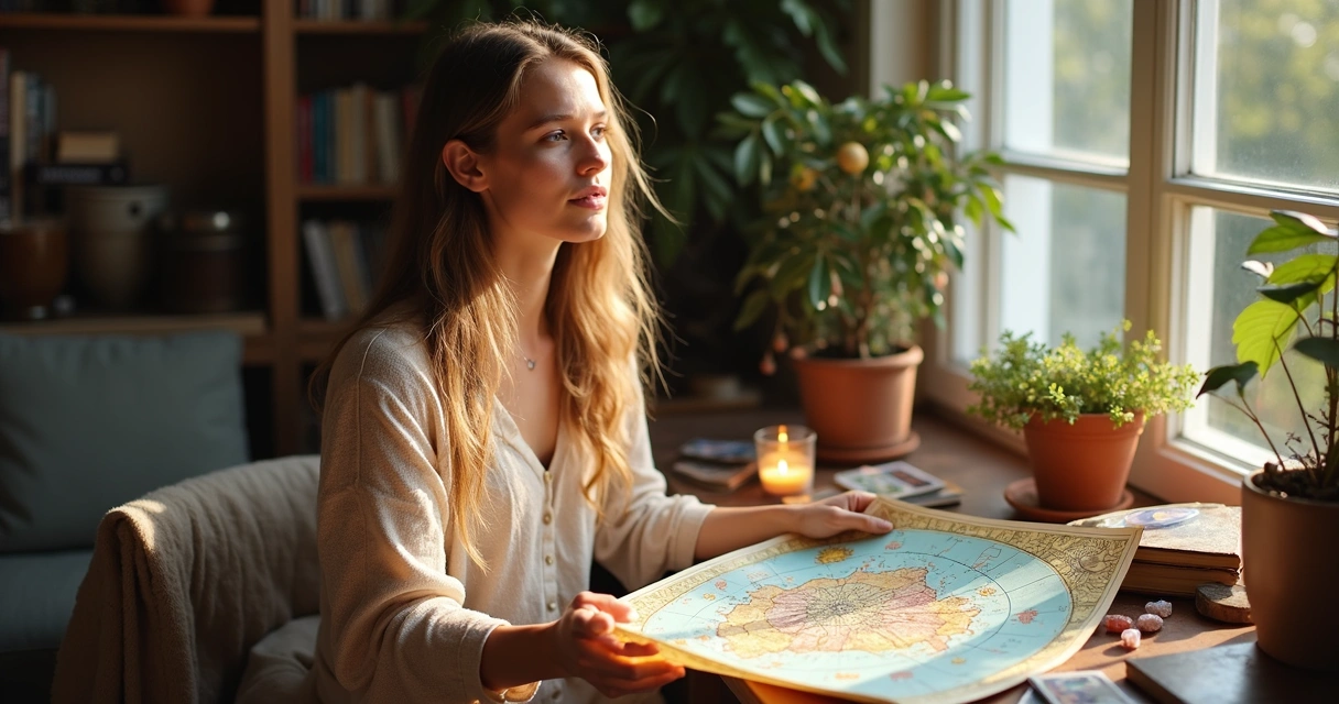 Mulher segurando mapa de astrocartografia colorido em ambiente iluminado. 