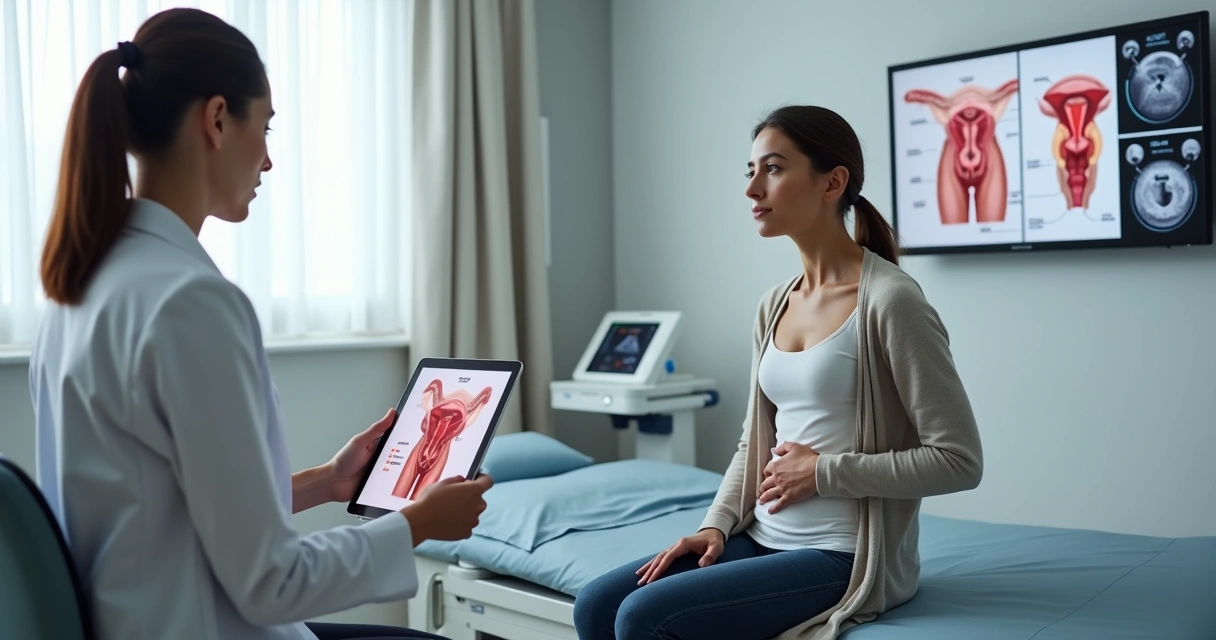 Mulher jovem em consulta com ginecologista avaliando dor pélvica e opção de cirurgia para endometriose 