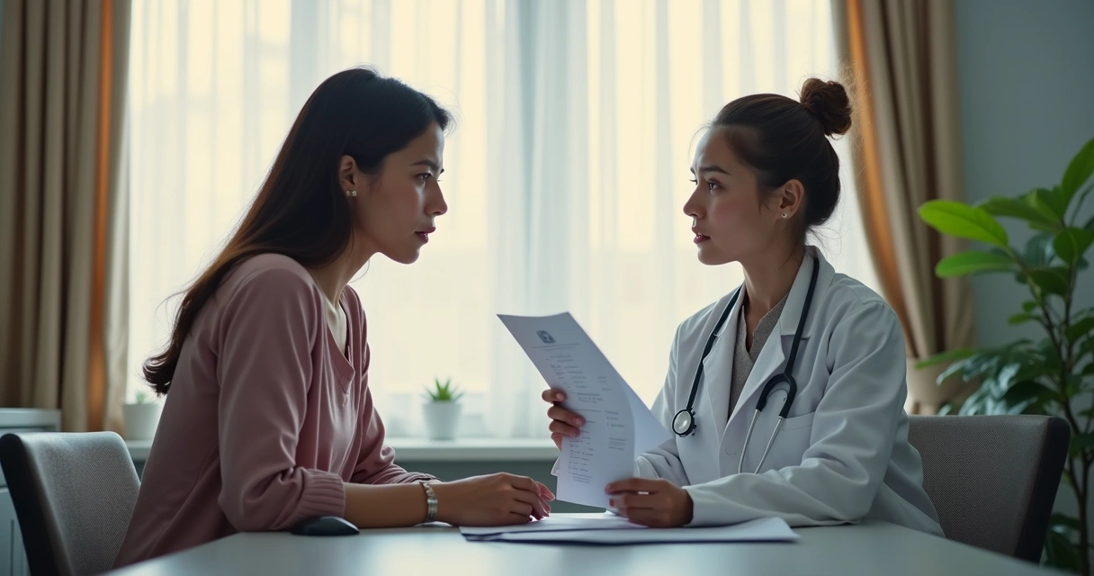 Mulher conversa com oncologista em consultório, ambos sentados e atentos 