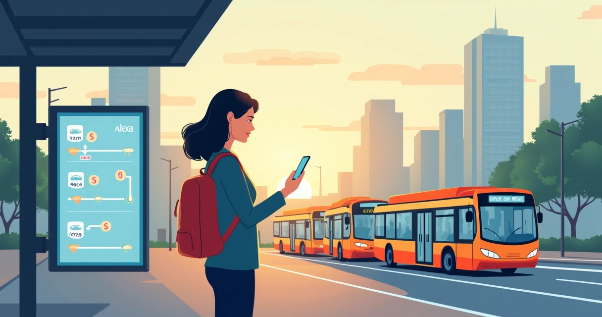 Mulher consulta Alexa em smartphone, exibindo rotas alternativas de ônibus 