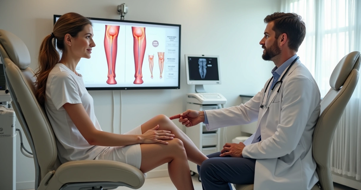 Mulher com varizes em consulta vascular avaliando opções de tratamento com médico 