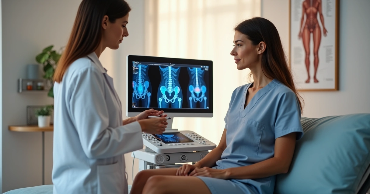 Mulher em consulta vascular apontando para região pélvica em exame de ultrassom 
