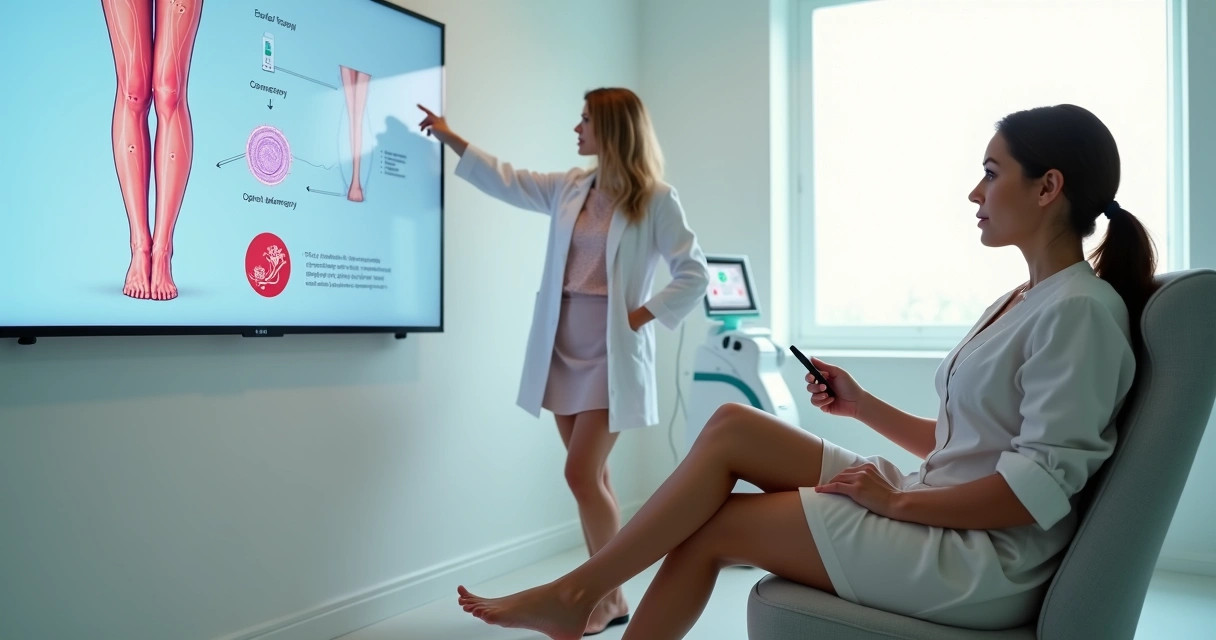 Mulher observa ilustração de vasinhos nas pernas em quadro durante consulta vascular 