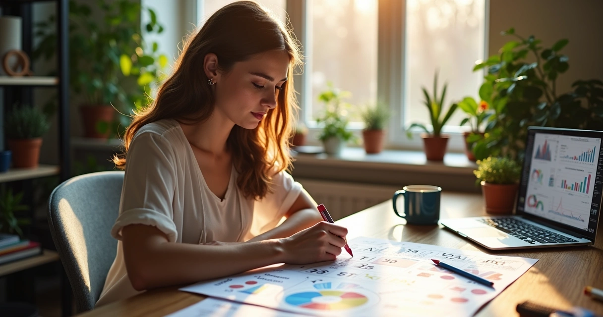 Mulher jovem lendo tabela de numerologia em escritório 