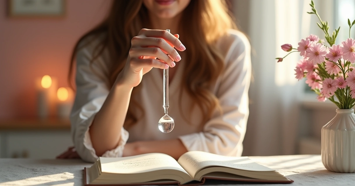 Mulher olhando pêndulo com atenção e luz suave 