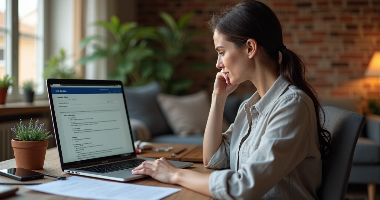 Mulher pesquisa direitos no portal INSS sobre aneurisma