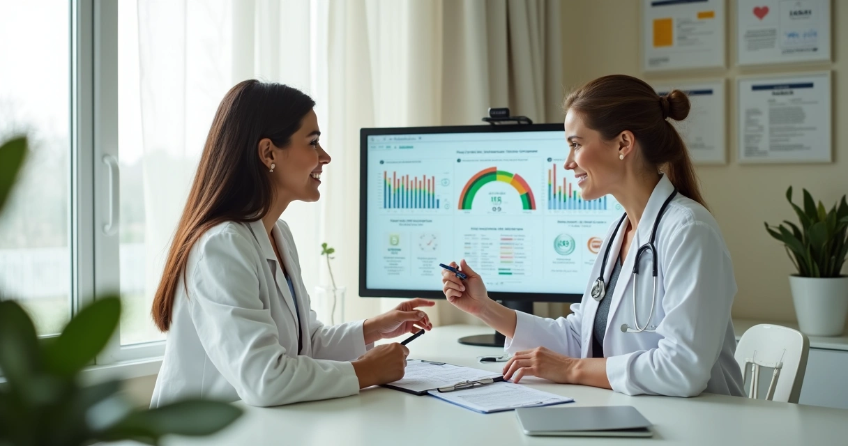 Mulher analisando resultados de exames laboratoriais com médica em consultório moderno 