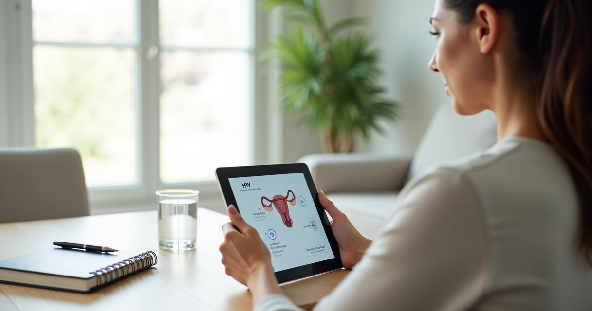 Mulher analisando resultados de exames ginecológicos em tablet em ambiente claro e tranquilo 