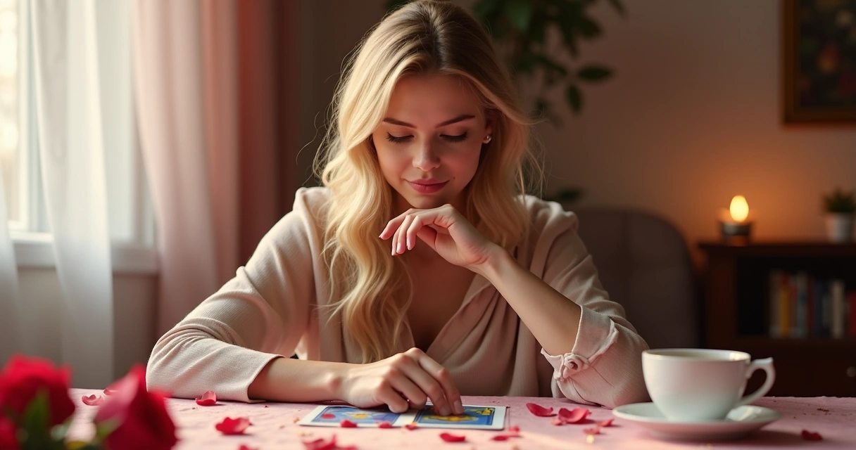 Jovem mulher loira consultando cartas de tarot, parecendo pensativa 