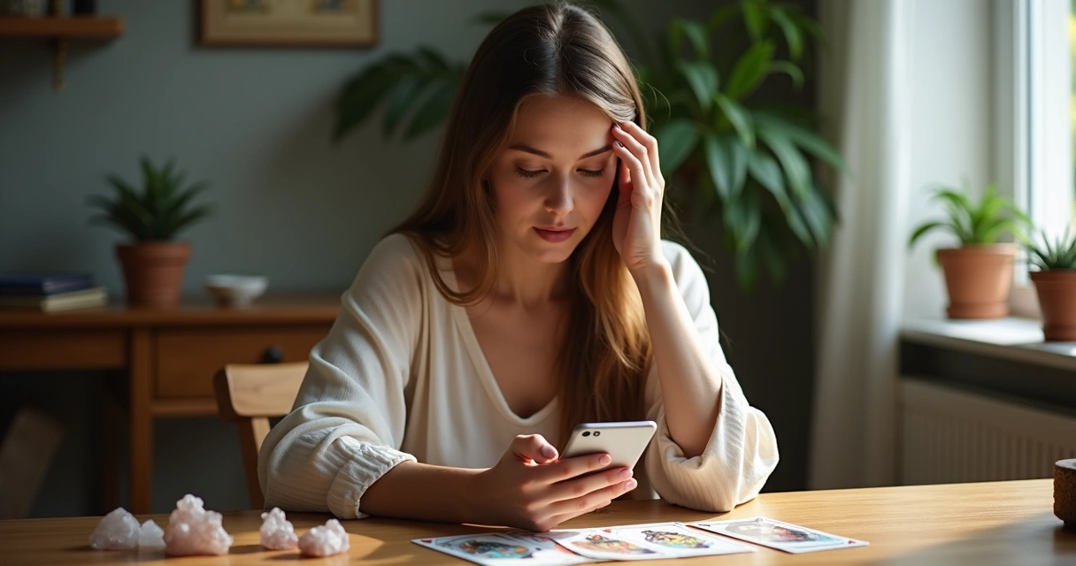 Mulher jovem olhando para cartas de tarot e usando o celular em ambiente tranquilo