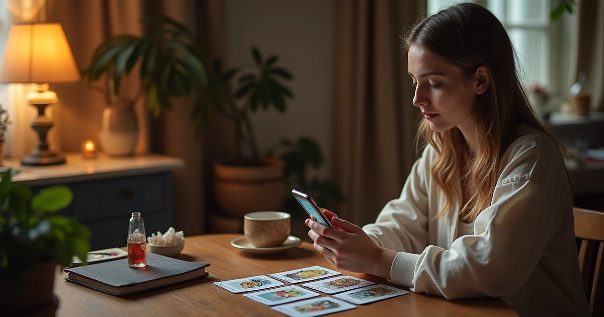 Mulher jovem consultando cartas de tarô pelo celular 