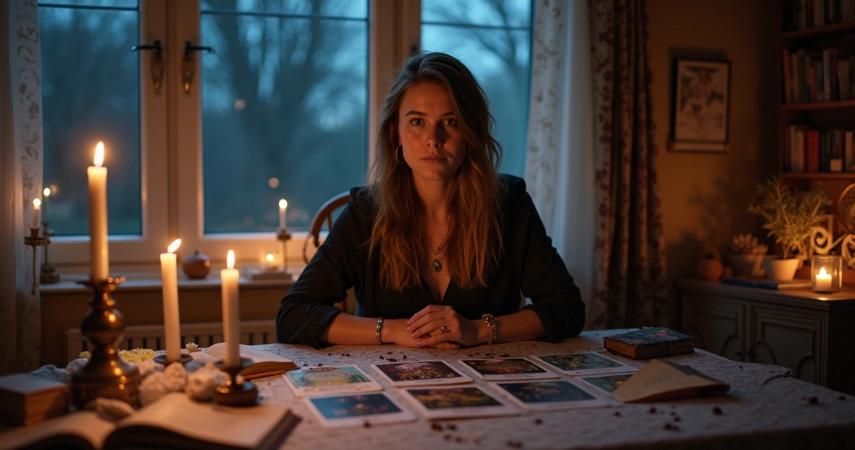 Mulher consulta cartas de tarot à noite, rodeada de livros e símbolos esotéricos 