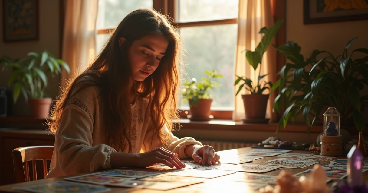 Mulher consultando tarot ao lado de uma janela 
