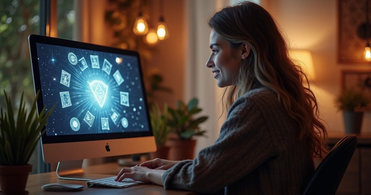 Mulher olhando para tela do computador durante consulta de tarot virtual 