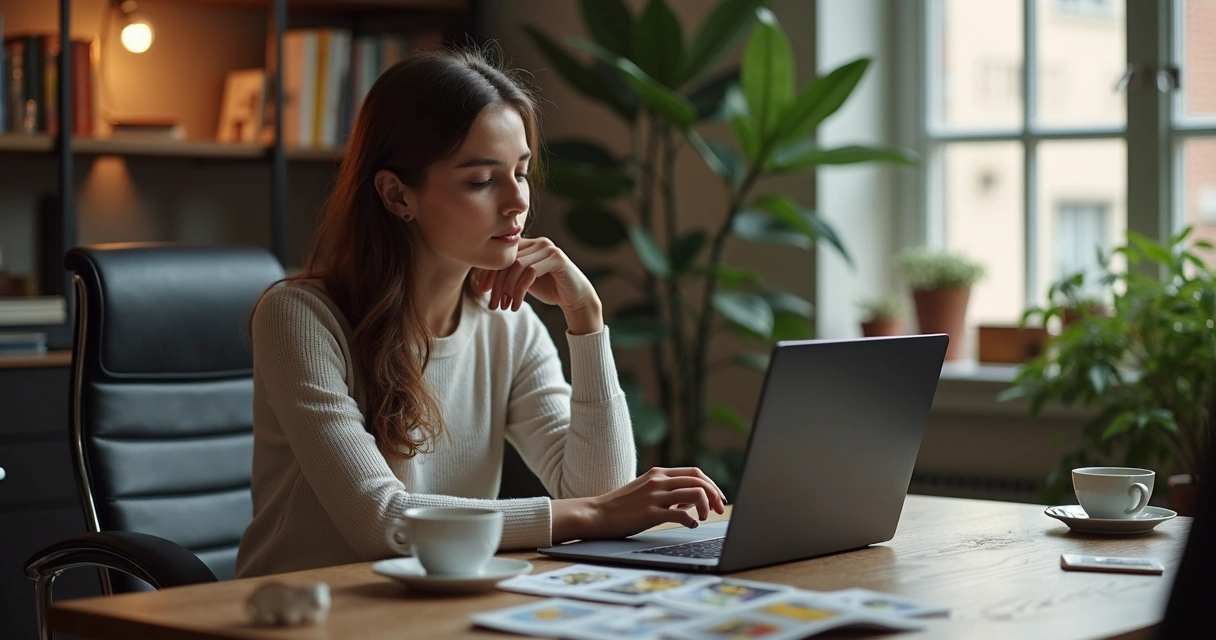 Mulher consultando tarot em seu notebook no escritório 