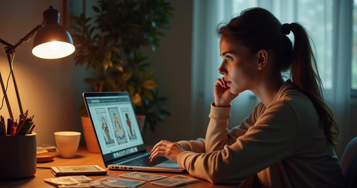 Mulher consulta tarot online em ambiente caseiro 