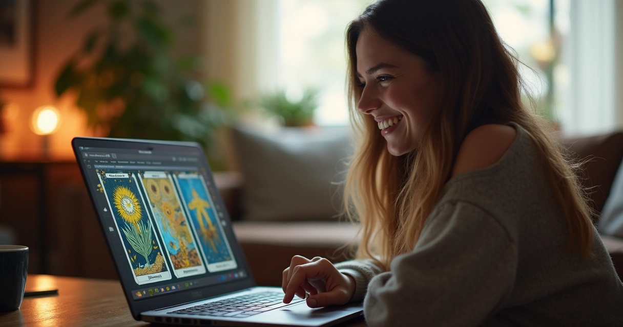Mulher sorrindo lendo uma consulta de tarot no notebook 