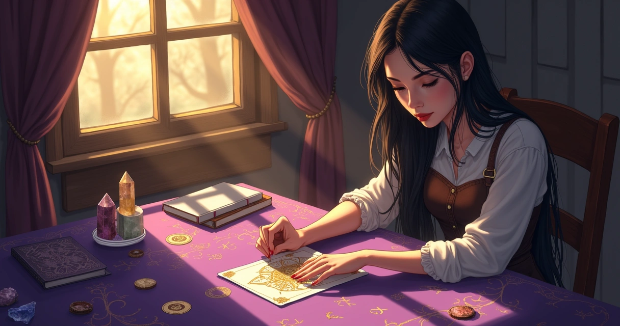 Mulher concentrada fazendo leitura simultânea de tarot e runas 