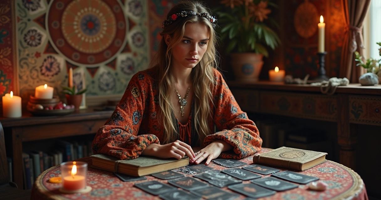 Mulher realizando leitura de tarot sombrio 