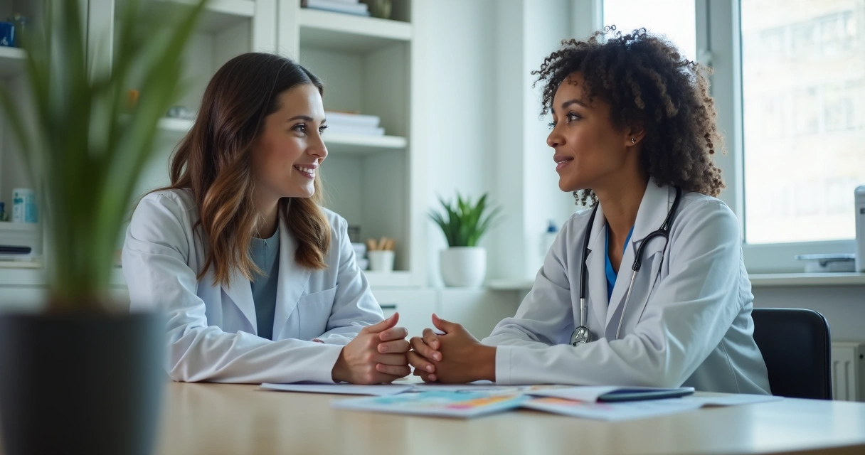 Mulher conversa com médico sobre prevenção em consultório 