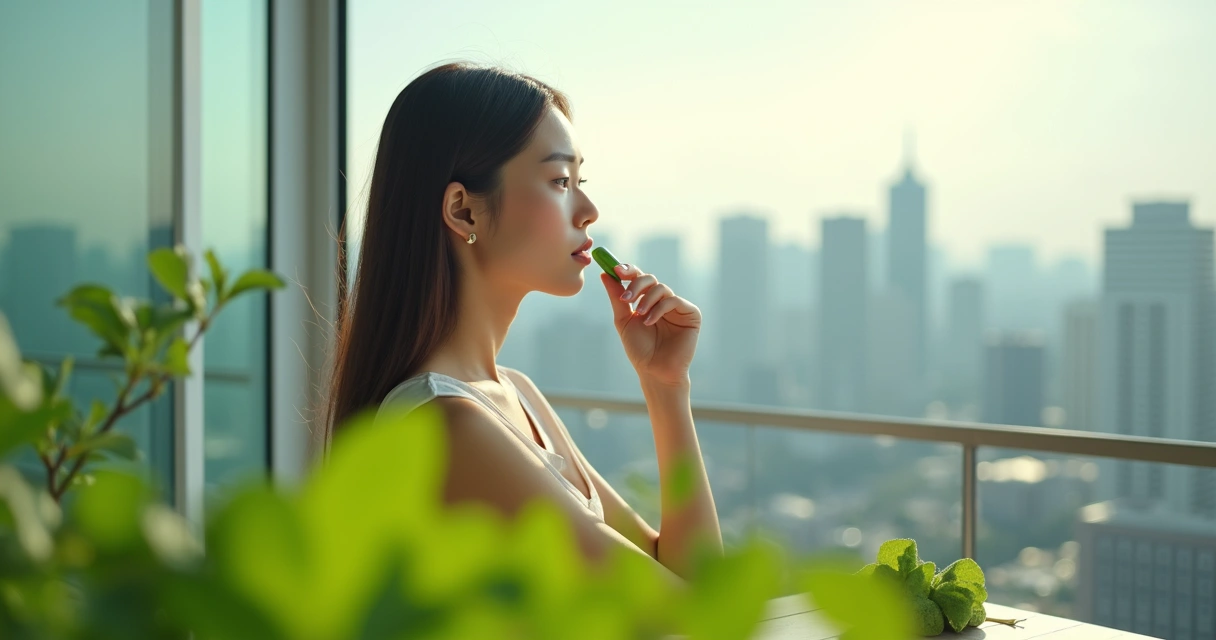 Mulher segurando cápsula de moringa com cidade ao fundo 