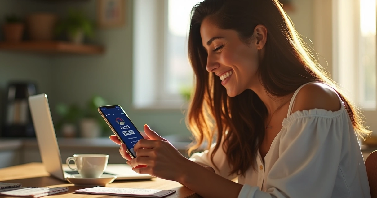Mulher conferindo saldo bancário no smartphone 