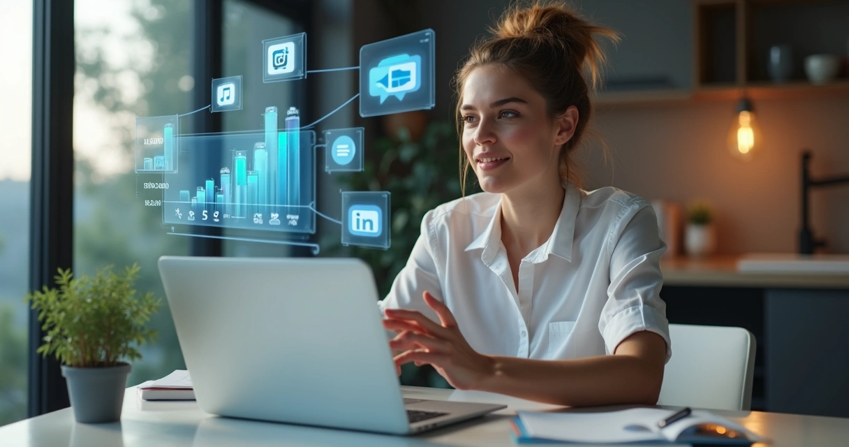 Mulher jovem contando uma história com expressão confiante, sentada em frente ao notebook com tela de redes sociais e gráficos de crescimento ao fundo, em ambiente claro e moderno com elementos digitais ao redor 