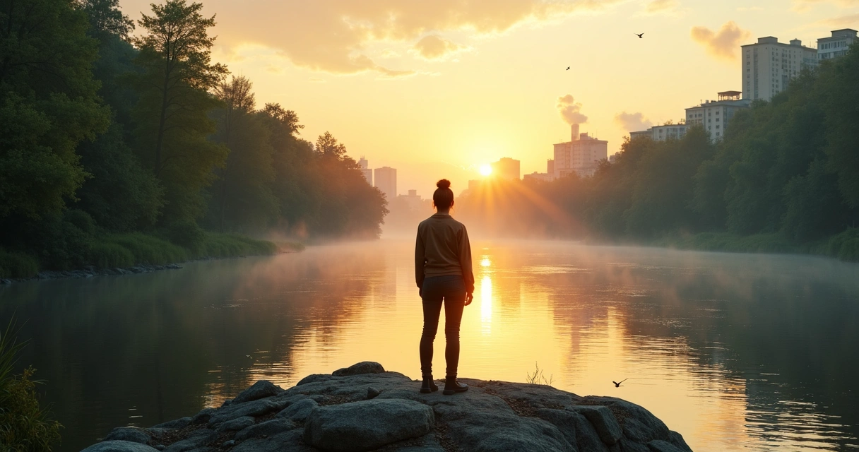 Mulher observa rio dividindo floresta preservada e área urbana poluída ao entardecer 
