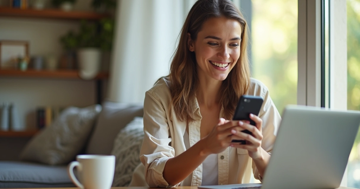 Jovem sorridente conversa em chat de atendimento digital com marca 
