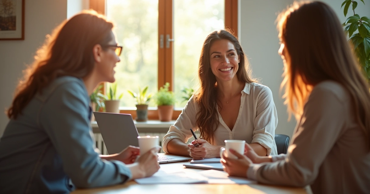 Mulher conversando e sorrindo durante reunião com clientes 