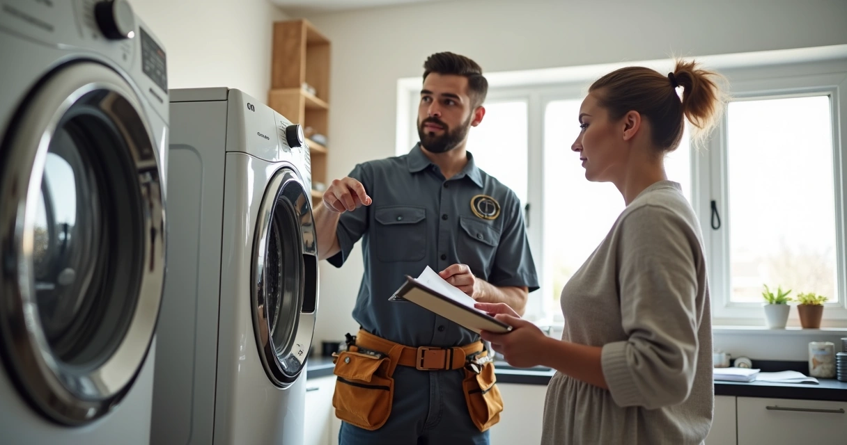 Mulher conversa com técnico de eletrodoméstico na cozinha 