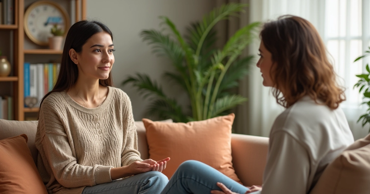 Mulher conversando com terapeuta em ambiente acolhedor 