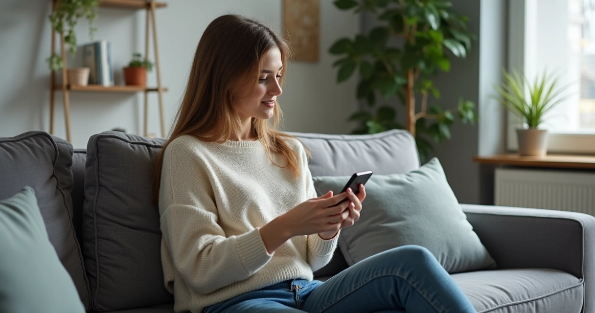 Mulher usando o celular no sofá trocando mensagens de áudio