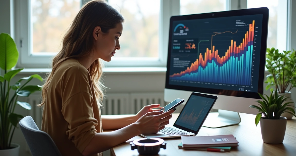 Mulher jovem usando celular e notebook para transformar seguidores em clientes com gráfico de crescimento digital ao fundo 