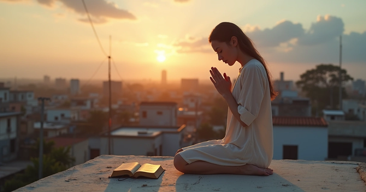 Mulher em laje simples orando de joelhos ao nascer do sol 