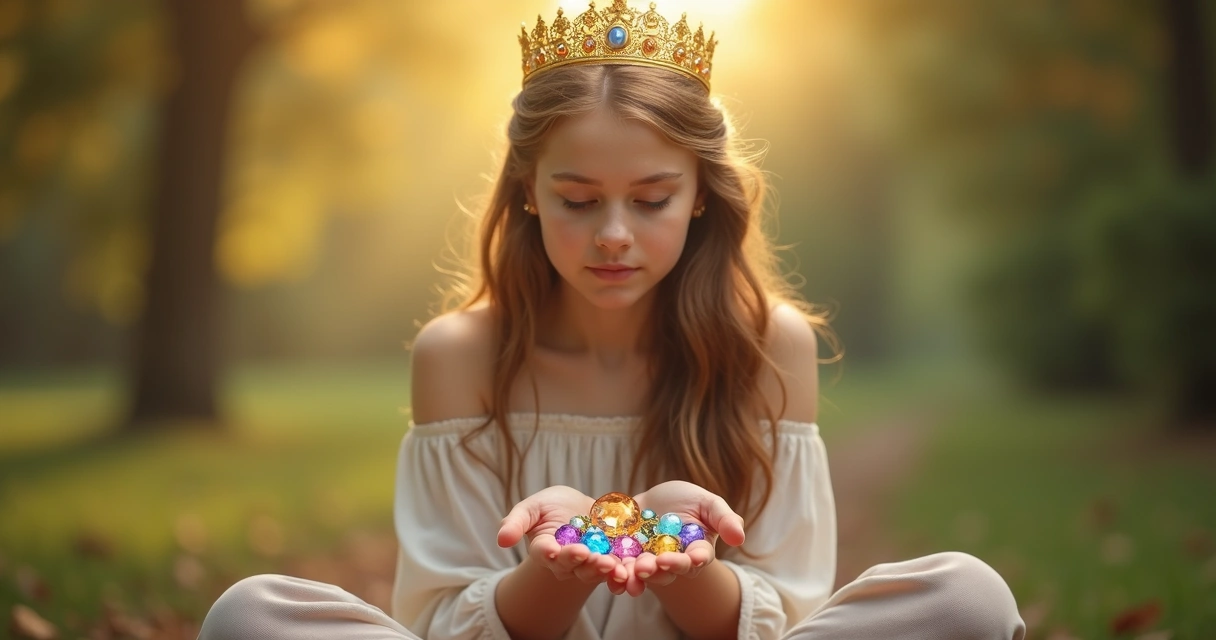 Mulher com coroa segurando pedras preciosas nas mãos 