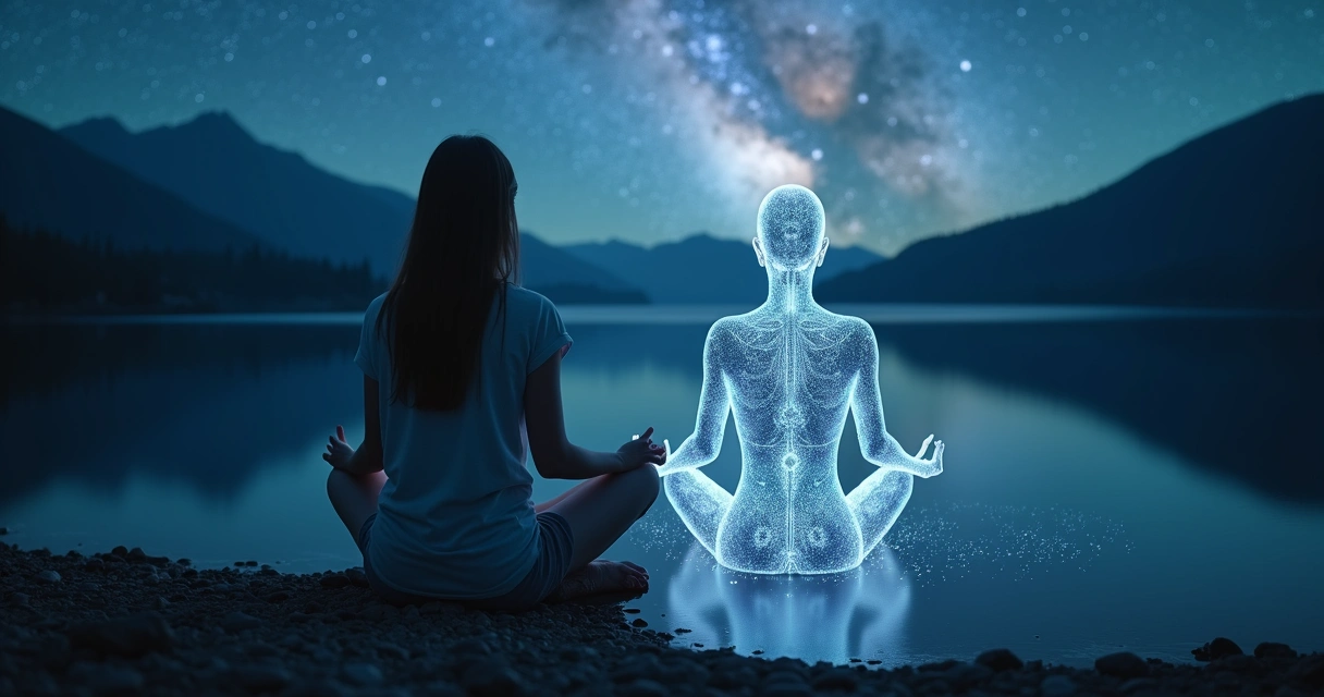 Mulher sentada em meditação com corpo energético translúcido diante de paisagem cósmica 