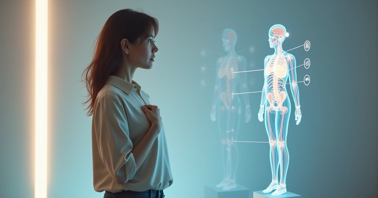 Mulher observando projeção do próprio corpo com áreas sombreadas representando depressão 
