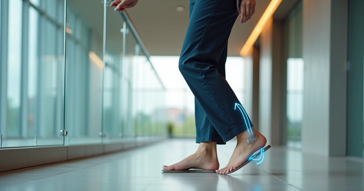Mulher em ambiente corporativo fazendo exercício discreto para aliviar pernas pesadas 