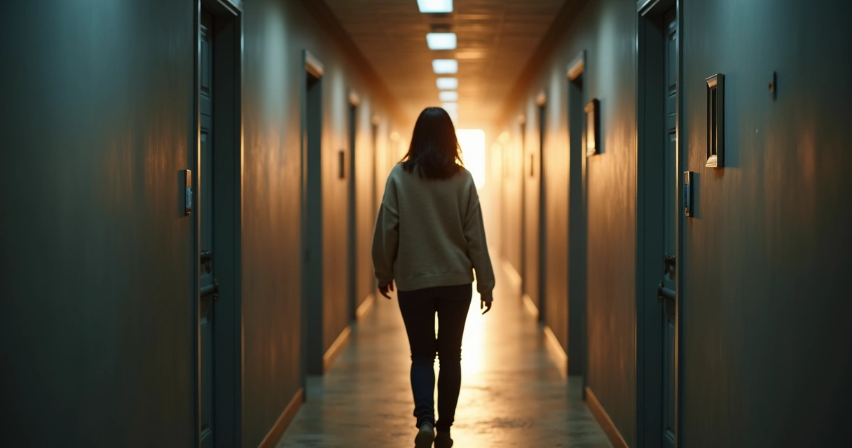 Mulher caminhando em corredor com portas escuras e luz ao fundo 