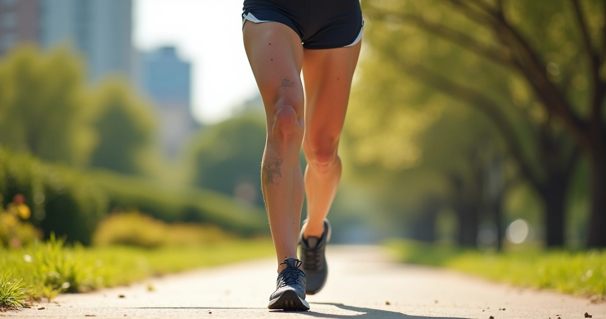 Mulher correndo ao ar livre mostrando varizes visíveis nas pernas durante atividade física 